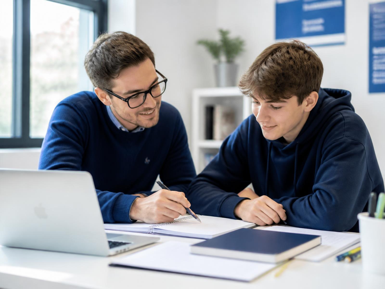 A tutor helping a high school student with study notes in Hamilton, New Zealand
